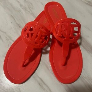 Lauren Ralph Lauren Audrie Jelly Sandals Orange Coral LRL logo Thong Flat Sz 11